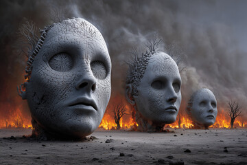 Strange heads in a fire landscape