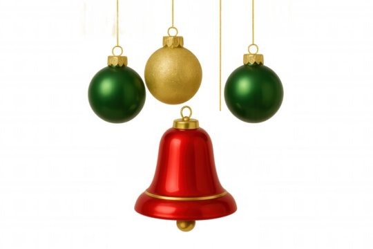 Christmas ornaments and bell hanging for festive holiday decoration on transparent background