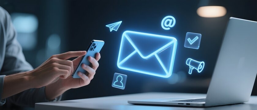 Person using smartphone with digital email and communication icons floating