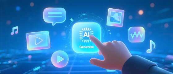 Human finger interacts with glowing ai interface surrounded by digital media icons