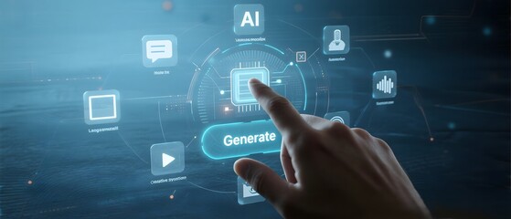 Human finger touching a glowing blue button labeled generate on a futuristic digital interface