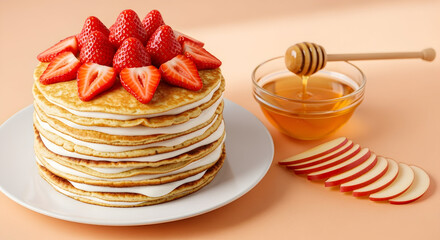 Delicious pancakes topped with fresh strawberries and honey perfect for a sweet breakfast or brunch