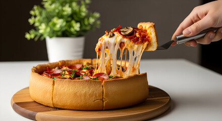 A hand takes a delicious slice of Chicago deep-dish pizza cheese stretching between the slice and the pie