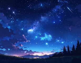 Night sky with stars and clouds over a field