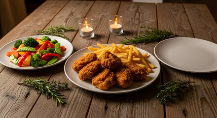 Crispy fried chicken nuggets with french fries and steamed vegetables on wooden table