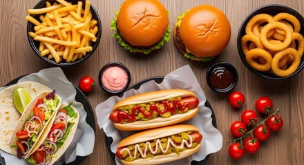 Overhead shot of assorted fast food items including burgers hot dogs onion rings french fries and tacos