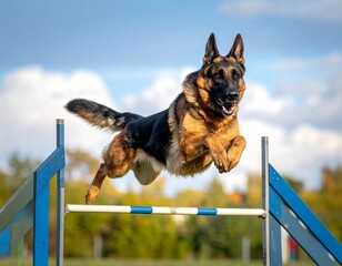 German Shepherd dog jumping over agility poles