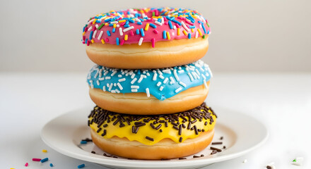 A stack of three delicious donuts with colorful sprinkles on a white plate