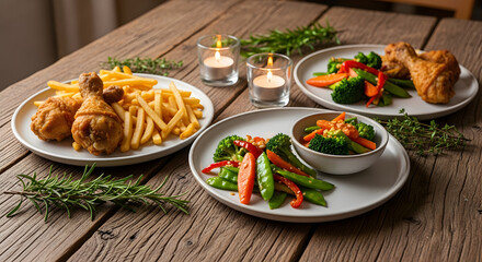 Delicious fried chicken drumsticks served with french fries and sauteed vegetables on wooden table