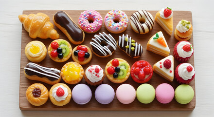 Assorted miniature pastries and sweets on a wooden board