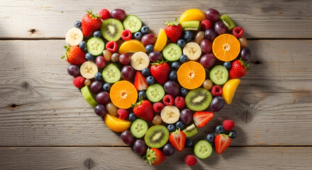 A heart-shaped arrangement of fresh colorful fruits on a rustic wooden background