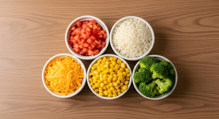 Five bowls of fresh chopped vegetables and cheese on a wooden table perfect for a healthy meal prep