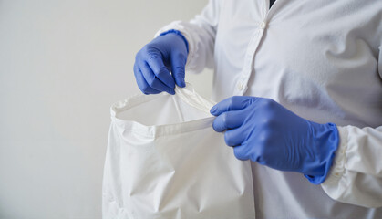 Healthcare professional in blue gloves sealing medical waste bag in sterile environment, clean and safe disposal concept of healthcare facilities, hospitals, and waste management