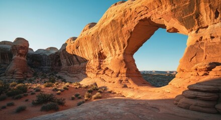 Dramatic sandstone archway at sunrise.  Vast desert landscape, arid,  and colorful, with a natural rock archway framed by buttes.  Sunlight highlights the warm hues of the sandstone