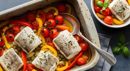 Baked Cod with Roasted Peppers and Cherry Tomatoes