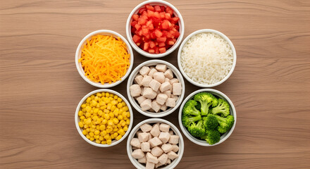 Colorful bowls of prepped chicken rice broccoli corn cheese and tomatoes ready for cooking