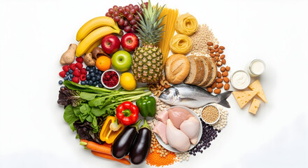 Colorful array of healthy food choices including fruits vegetables grains protein and dairy products