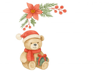 Fototapeta premium Christmas teddy bear with santa hat and gift watercolor illustration, decorating with poinsettia and holly berries