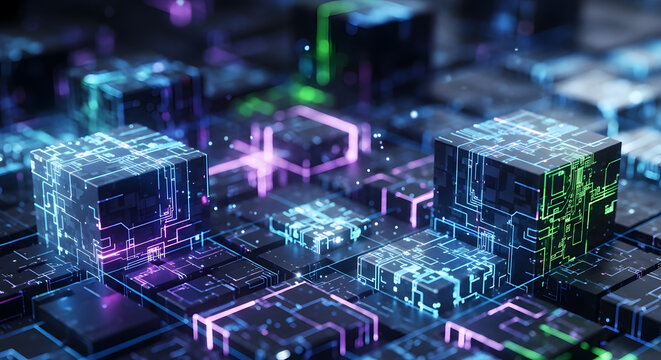 Futuristic digital network grid with glowing neon circuits and abstract data cubes representing innovation and technology
