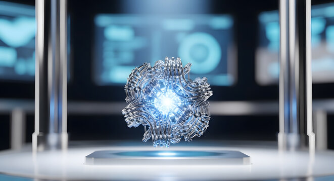 Stunning futuristic energy core glows with intense blue light in a sleek, modern research lab setting, representing innovation and advanced science. - Powered by Adobe