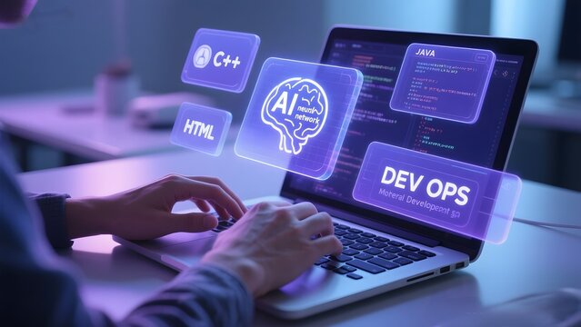 Person typing on laptop with holographic ai and devops icons floating above