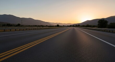 Empty highway stretches into a sunrise over a mountain range.  Sunrise, highway, road, asphalt, mountains, dawn, horizon, open, empty, vast,  peaceful, serene