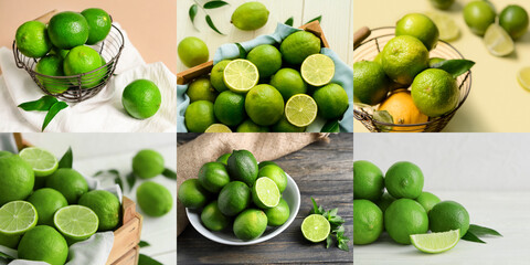 Collage of many fresh green limes