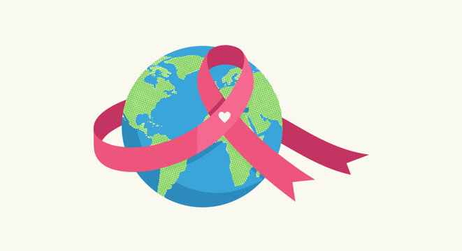 Pink ribbon wrapped around the earth symbolizing global breast cancer awareness