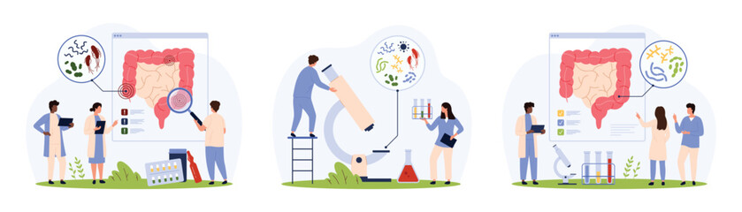 Medical analysis of bad and good bacteria inside human intestines set. Tiny people research gastrointestinal flora and microorganisms with magnifying glass and microscope cartoon vector illustration