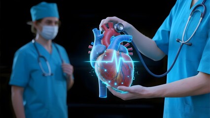 Medical professionals examine a holographic human heart with digital pulse
