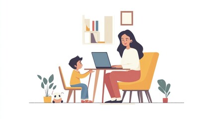 Mother and Child Learning Together Online