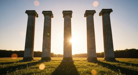 Five ancient-style columns stand in a field, bathed in the golden light of sunrise or sunset