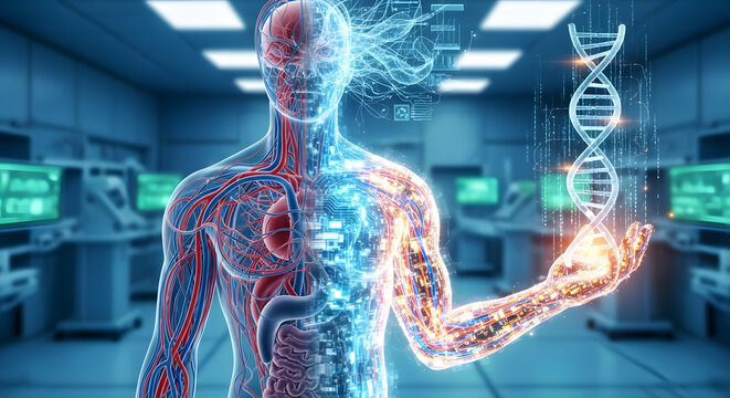 Futuristic medical visualization explores human anatomy and DNA sequencing in advanced laboratory setting, representing science and innovation.