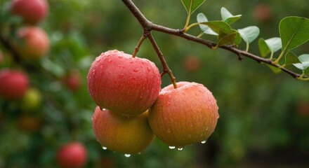 Fresh apples glistening with raindrops on a branch
