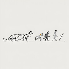 History of life on Earth. Timeline of evolution from prehistoric animals, dinosaur, saber toothed tiger, monkey to cave man. Human development. Hand drawn sketch isolated vector