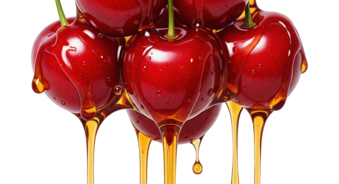 Luscious Cherries Drenched in Syrup, Displaying Glossy Surfaces and Rich Red Tones Against a Transparent Background, Perfect for Sweet Treat Concepts