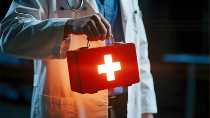 Doctor holding a glowing red first aid kit with a white cross symbol