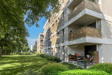 Residential area with ecological and sustainable green residential buildings, low-energy houses with modern apartments, new green urban landscape in the city