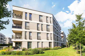 Residential area with ecological and sustainable green residential buildings, low-energy houses with modern apartments, new green urban landscape in the city
