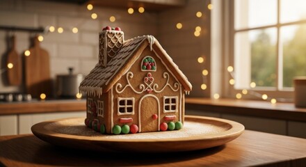 Gingerbread house on a wooden plate, holiday kitchen