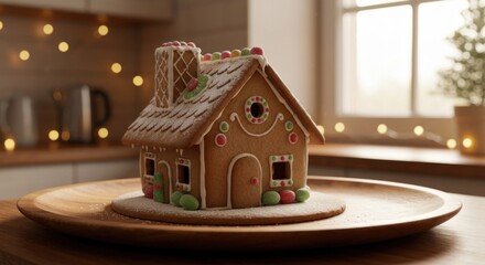 Gingerbread house on wooden platter, festive kitchen