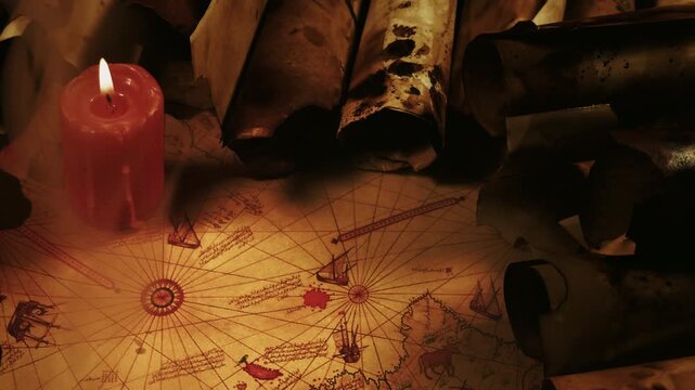 An Old First Map of Piri Reis on Parchment in Candle Light