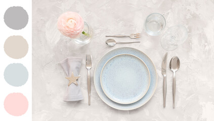 Stylish table setting with flower on white background. Top view