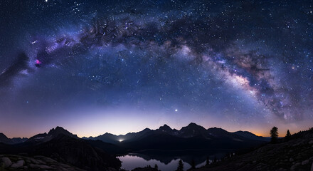 Breathtaking Milky Way galaxy arches over a serene mountain lake reflecting a starlit, cosmic panorama for ultimate wonder and inspiration.