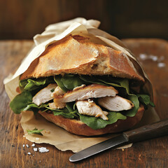 A rustic chicken and salad sandwich, artfully wrapped in slightly crumpled kraft paper, sits on a worn wooden surface with deep textures.