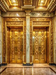 Obraz premium Grand marble lobby with two gold door elevators and intricate carvings