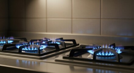 Kitchen gas stove with burners lit.  Illuminated blue flames on two stovetops against a tiled wall.  Modern, clean design