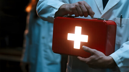 Doctor holding a glowing red first aid kit with a white cross