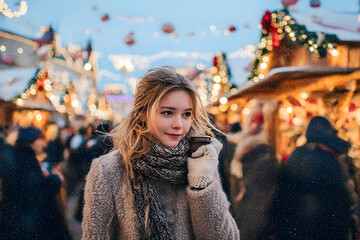 Girl walking on Christmas Market on Red Square in Moscow
