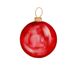 Christmas red ball toy on the tree, watercolor illustration